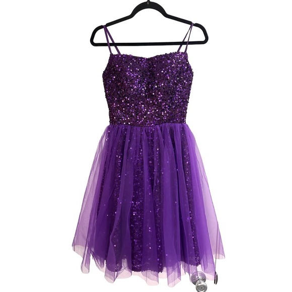 Purple Sequin Sparkle Mini Party Prom Dance Dress Corset Back - Picture 1 of 3